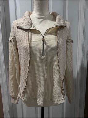 BKE Cream Waffle-Knit Zip Pullover